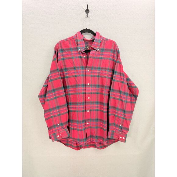 90s Duck Head Mens Red Green Plaid Classic Oxford Long Sleeve Button Down Shirt - Picture 1 of 8